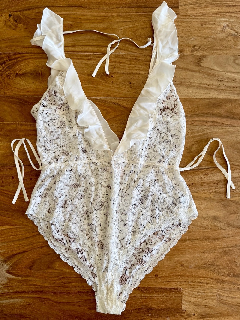 Chelsea28 White Ruffled Lace Plunge Teddy